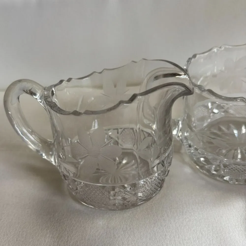 Vintage Etched Glass Creamer & Open Sugar Bowl Set Floral Cut Glass Cream Sugar